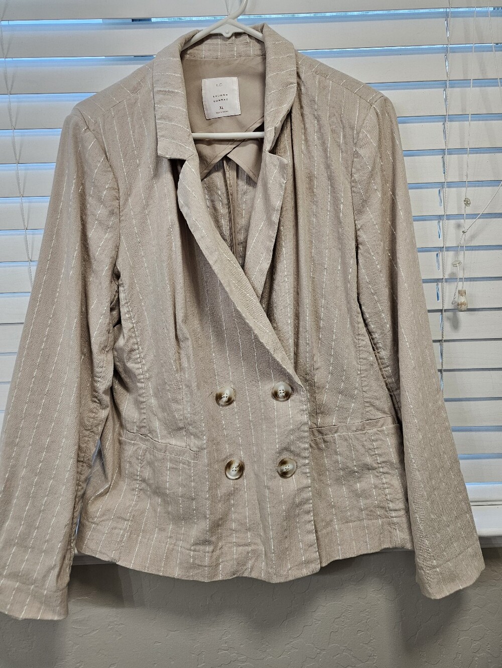 LC Lauren Conrad Cream Pinstripe Double-Breasted Blazer